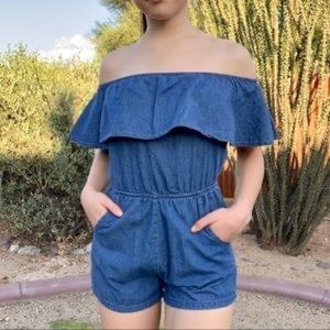 Flounce off the shoulder denim romper